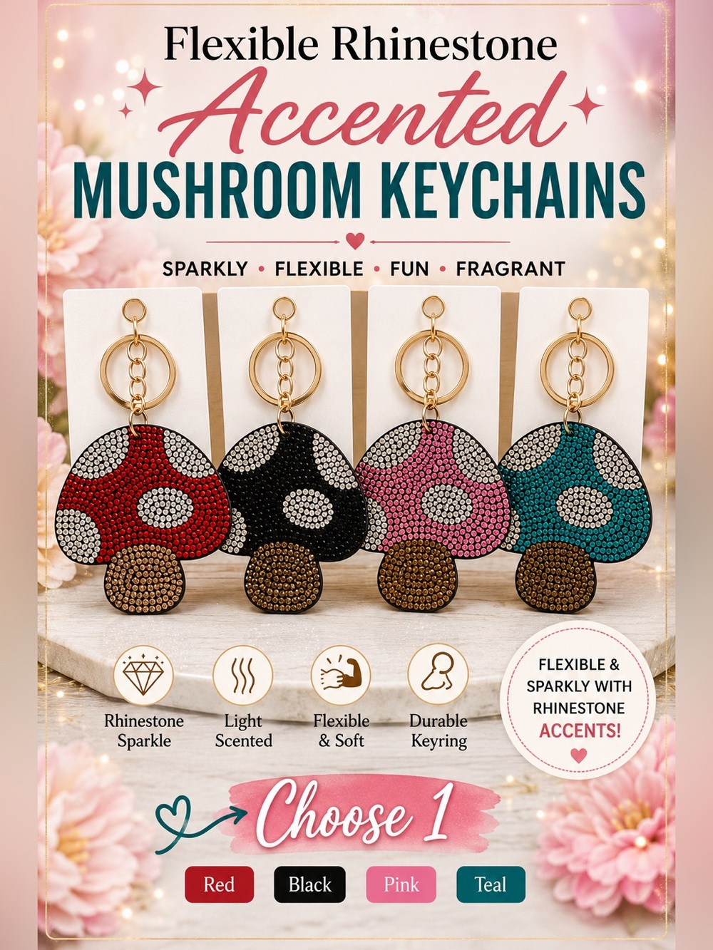 Sparkling Mushroom Keychain, Felt Back-Choose One